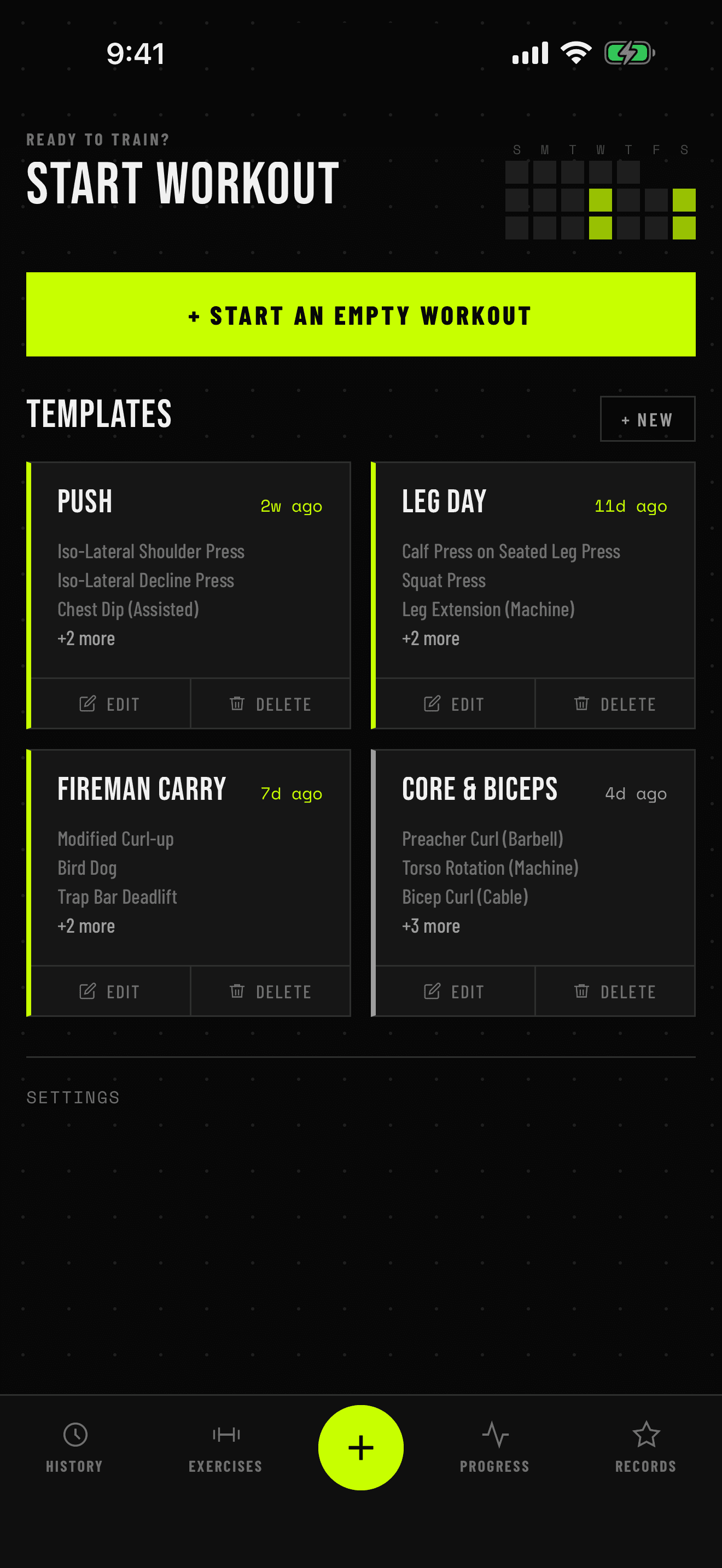 The Stack dashboard with workout templates