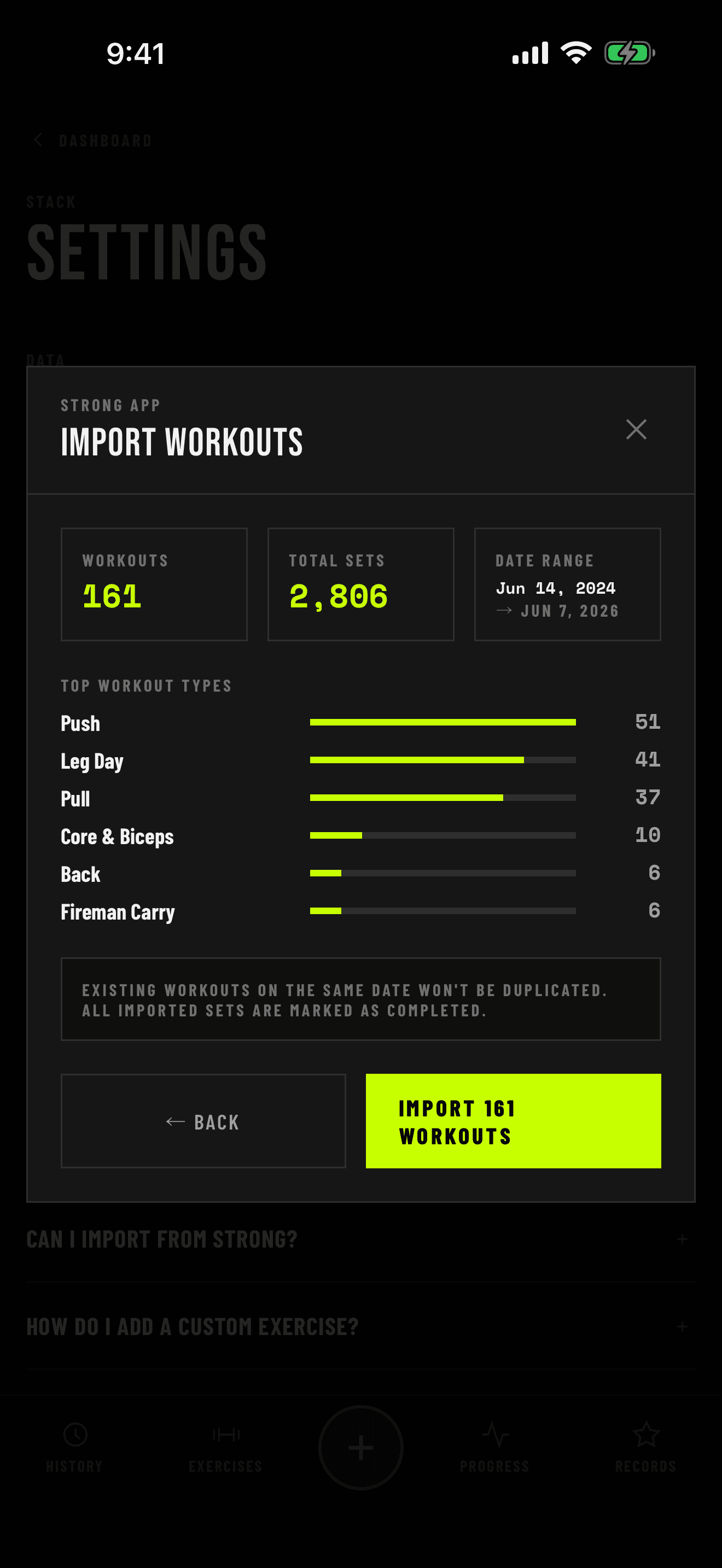 Import from Strong preview: 161 workouts, 2,806 sets